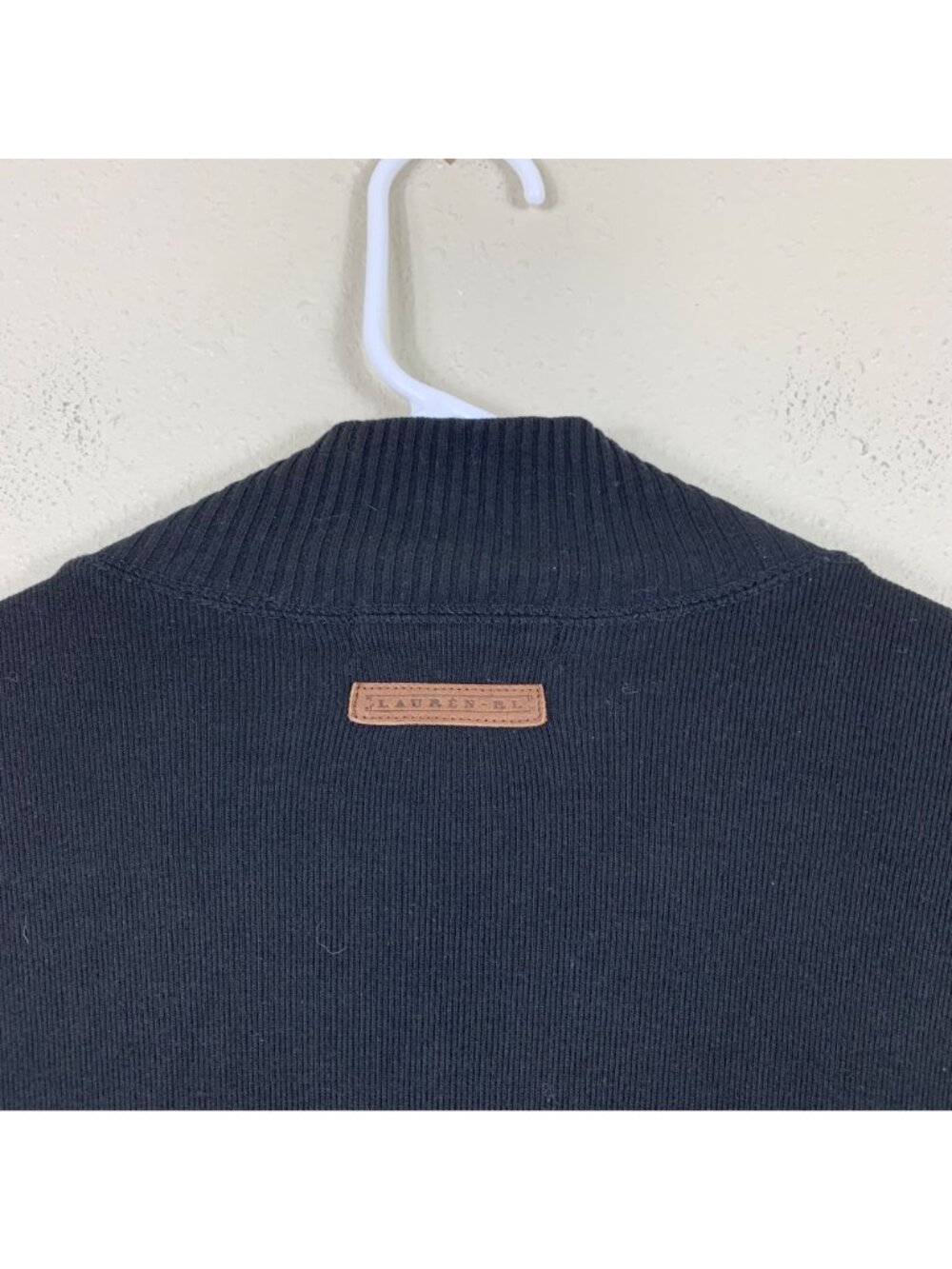 VTG Y2K Lauren Ralph Lauren Cardigan L Black Cotton Zip Leather Elbow Patch - Picture 7 of 8